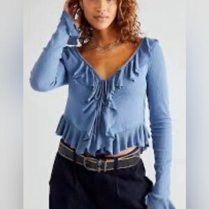 NWT Free People Ophelia Blue Ribbed Button-Up Ruffled Long Sleeve Top